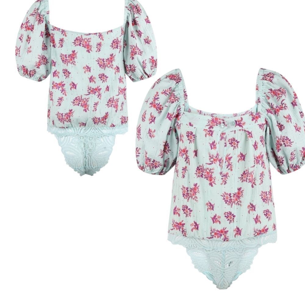 Free People Crinkle Square Neck  Blouse Bodysuit 'ANGELA' in Mint Size m - Picture 12 of 16